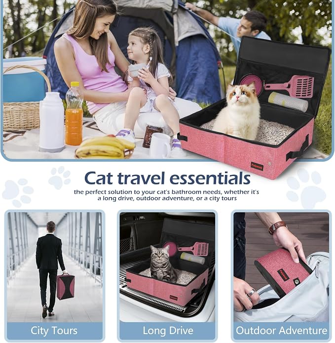 Portable Cat Travel Litter Box. Zipped Lid, Collapsible Litter Box for Cats. No Leakage, No Smell. Easy to Carry. Used for Hotels, Camping, Car (Pink,M)
