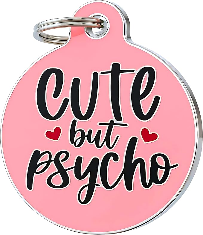 Bad Tags Personalized Dog and Cat ID Tags in 25+ Designs and 2 Sizes - 5 Lines of Custom Engraved Text - Funny Cute Personalized Pet Tags (Cute But Psycho, Small (1 inch))