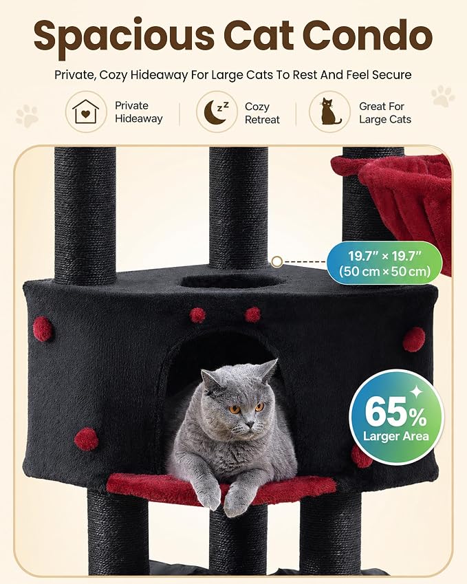 Cat Tree Tower for Large Cats Adult - 60 Inch XXL Sturdy Heavy Duty Extra Wide Scratching Posts (φ4.4in) Condo - Indoor Big Cat House Hammock Perch - XL Wood Multi Level Feline Pet Bed Trees Houses