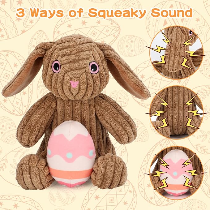 Rypet Stuffed Dog Toys Easter Rabbit Dog Toy, Squeaker Plush Dogs Toy with Crinkle Paper, Interactive Durable Puppy Chew Toy Pet Easter Toy with Egg for Small and Medium Dogs