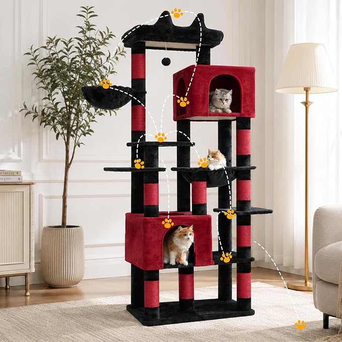 Heybly Cat Tree, 76-Inch Tall Heavy Duty Cat Tower for Big Cats HCT039BR | Multi-Level Large Cat Furniture with Extra Wide Baseboard, 2 Condos & 2 Hammocks, 10 Scratching Posts, Black and Red