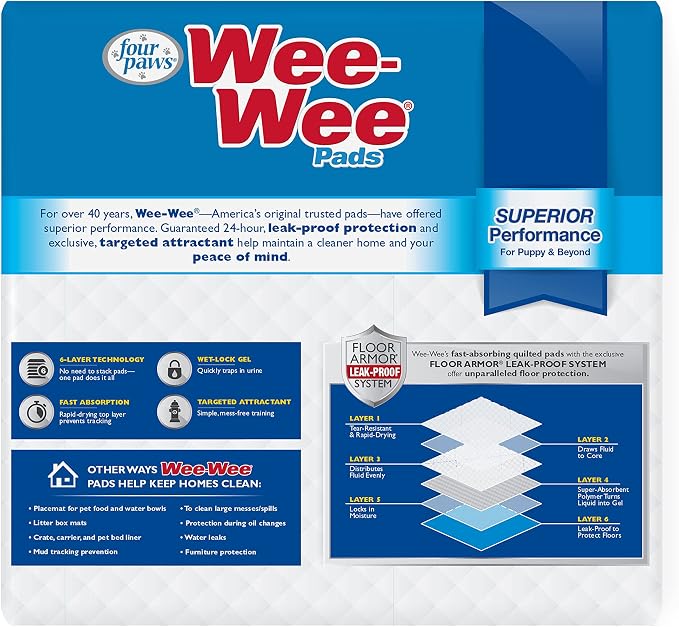 Four Paws Wee-Wee Superior Performance Unscented Pee Pads for Dogs & Puppies, Quilted Leak-Proof Dog Housebreaking Potty Training Floor Protection, 22" x 23", 100 Count