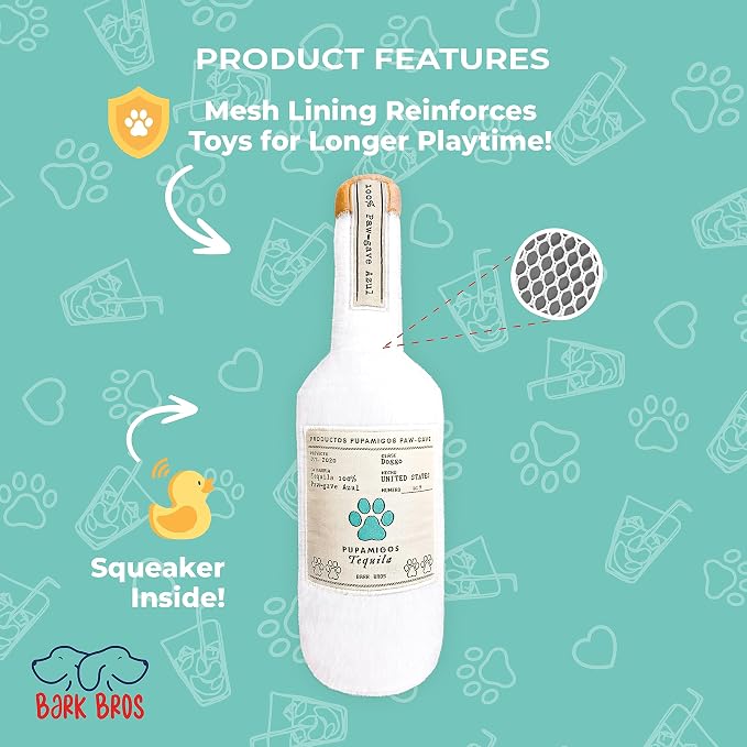 Bark Bros - Liquor Bottle Dog Toy - Plush Squeaky Dog Toys Funny Drink Parody - Alcohol Dog Toy - Dog Birthday Toy - Cute Dog Toys - Puppy Gifts - Puppy Stuff - Dog Stuff (Large, Pupamigos)