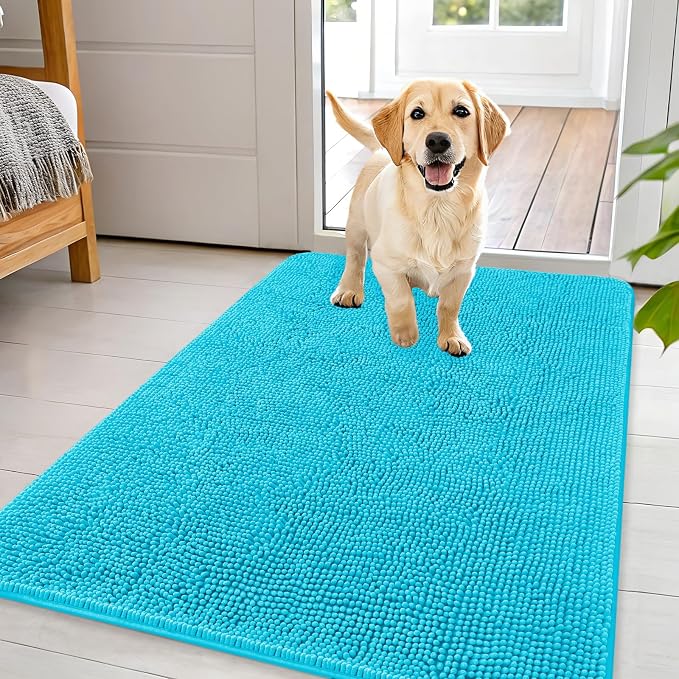 OLANLY Dog Door Mat for Muddy Paws 44x32, Super Absorbent Chenille Mud Mat | Aqua Blue, Absorbs Moisture and Dirt, Non-Slip Machine Washable Doormat, Quick-Drying Indoor Entryway Floor Carpet for Dogs