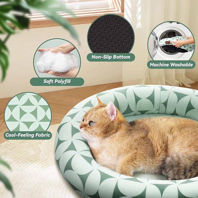 Zerbuger Cat Bed, 20In Dog Beds for Small Dogs, Calming Cat & Dog Beds for Indoor Pets, Pet Beds Comfortable Donut Round Ultra Soft (Green Pattern, 20.0" L x 20.0" W x 6.5" Th)