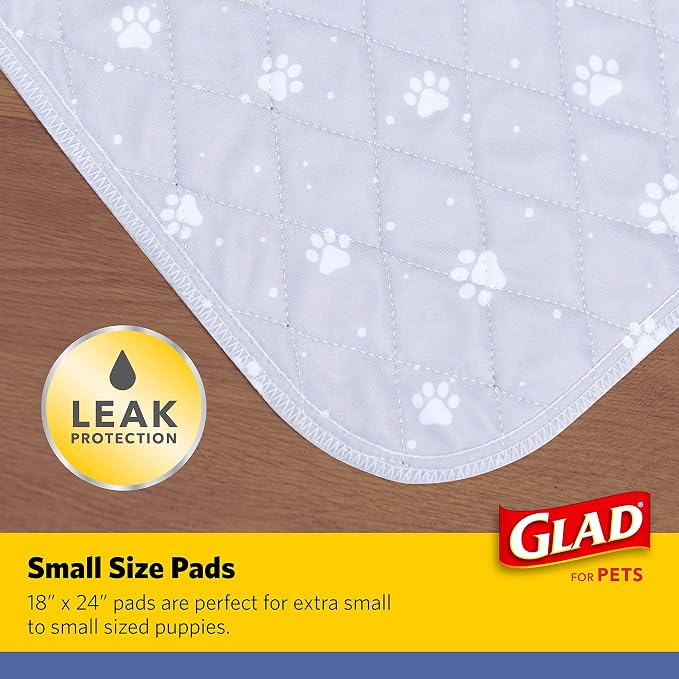 Glad for Pets Washable Dog Training Pads, Small, 18 x 24, 2 Count | 3-layer leak protection, no-slip vinyl bottom, gray with paw prints, reusable for puppies and adult dogs