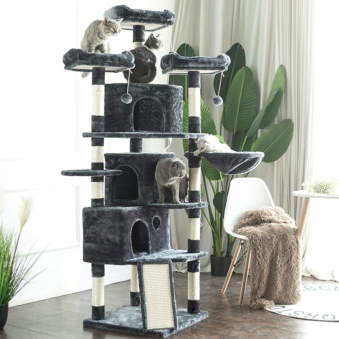 Hey-brother Cat Tree Tower with Multi-Level Large Condo, Platform, MPJ032G | 73.4 Inch Cat Tower with 3 Caves, 3 Cozy Perches, Scratching Posts, Board, Activity Center Stable for Indoor Cats, Smoky Gray