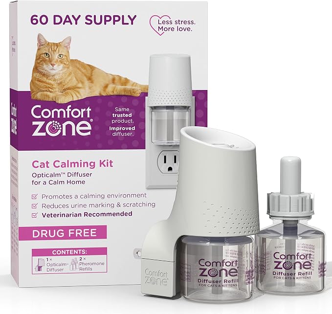 Comfort Zone Cat Calming 1 Room Bonus Kit, 1 Diffuser & 2 Refills | Refillable diffuser, Reduces cat stress & urine marking & scratching, drug & fragrance free, expert recommended, 24/7 calming