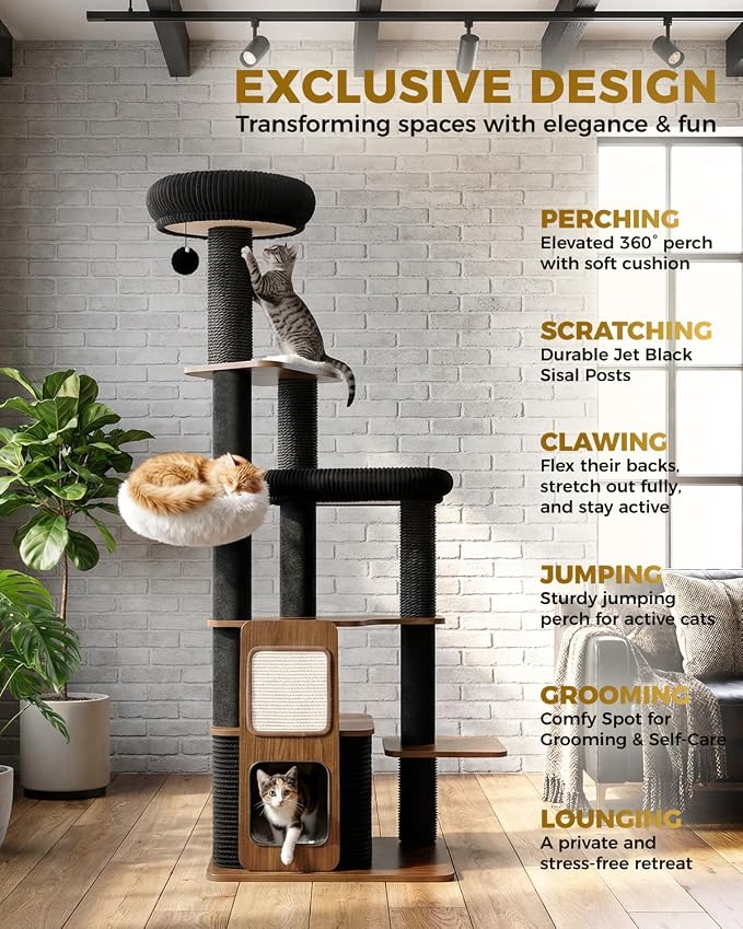 63" Wooden Cat Tree, Modern Cat Tower, Self-Grooming Brush, Walnut | Heavy Duty Cat Tree, Cats Furniture, for Large Cats up to 15 lbs, Climbing Post, Plush Top Perch, Stable Base, Cozy Cat Condo