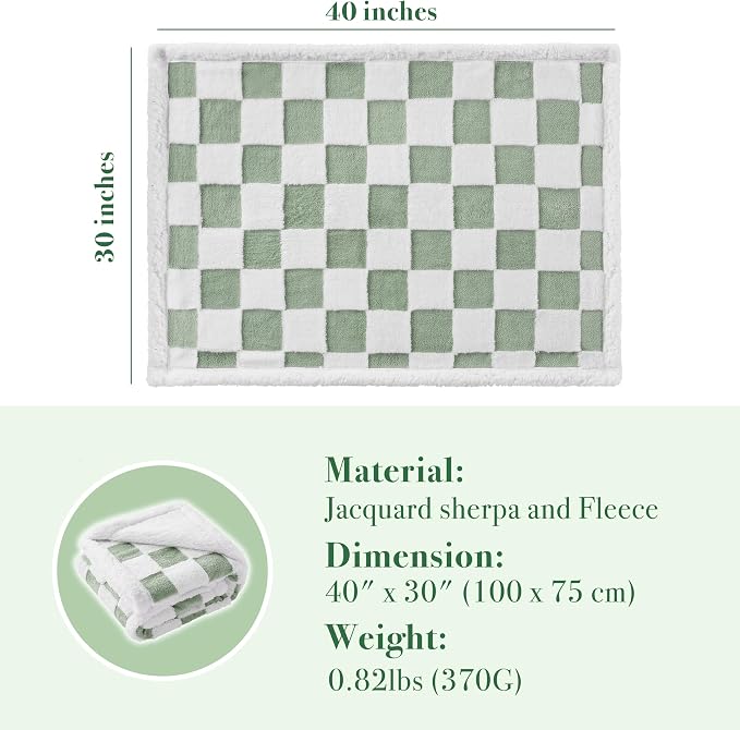 Ohocut Checkered Dog Blanket, Sage Green Jacquard Sherpa Blankets for Small Dog and Cats, Cute Aesthetic Style Fluffy Fleece Pets Blanket for Couch Protection Washable, 30"x40"