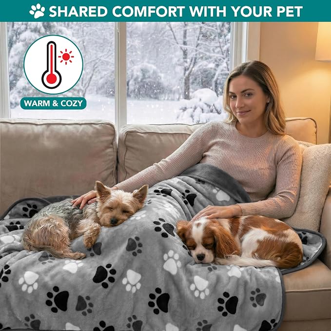PetAmi Waterproof Dog Blanket for Small Medium Dogs Cats, Pee Proof Reversible Cat Blanket for Kitten Puppy, Soft Fleece Washable Pet Throw for Couch Car Crate Liner, 29x40 Paw Print Gray