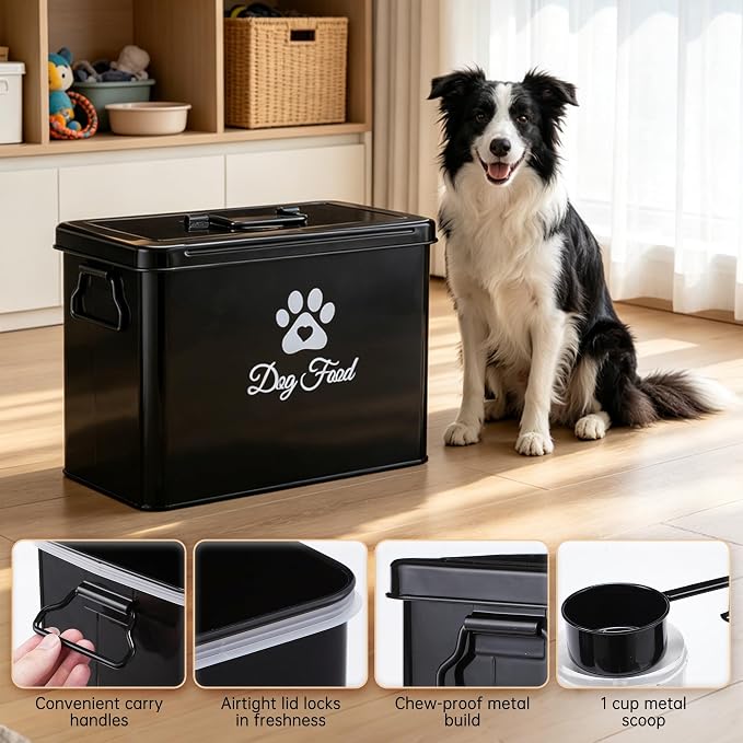 Dog Food Storage Container, Cute Airtight Pet Food Storage Containers with Metal Lid Scoop, 9-12 Lb Large CapacityDog Treat Snack Jar, Black Container Bin for Kitchen Counter Pantry