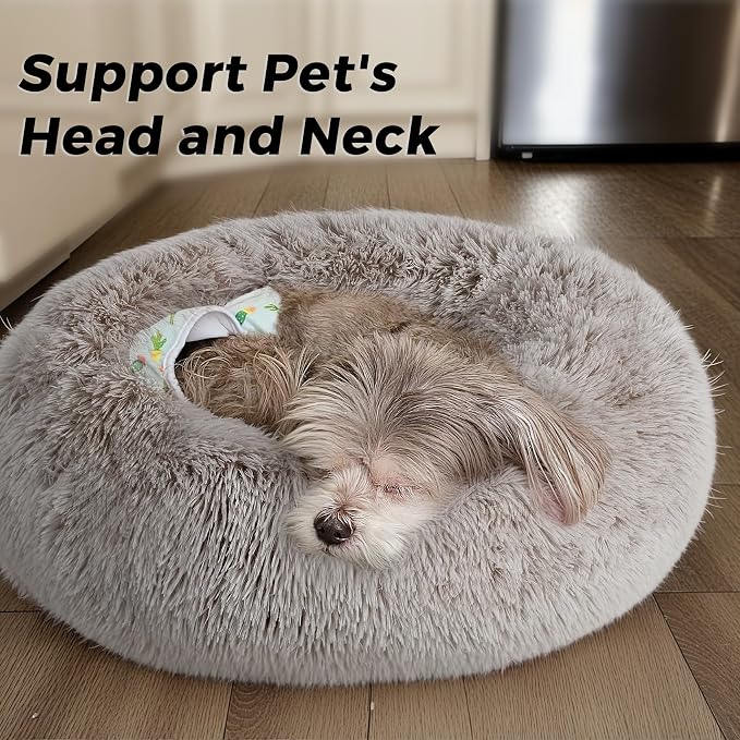 Calming Round Dog Bed & Cat Bed with Anti-Slip Bottom, Medium Size Washable Anti-Anxiety Donut Dog Beds for Small Dogs & Cats, Fluffy Plush Soft Dog Bed(24 Inch, Brown)