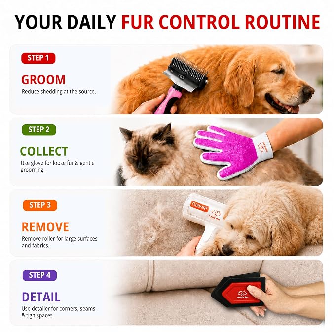 4-in-1 Pet Care & Pet Hair Control System for Dogs & Cats – Deshedding Tool, Pet Hair Remover, Grooming Glove & Detail Cleaner for Furniture Couch Carpet Home & Car (Red, Combo 4-in1 Large)