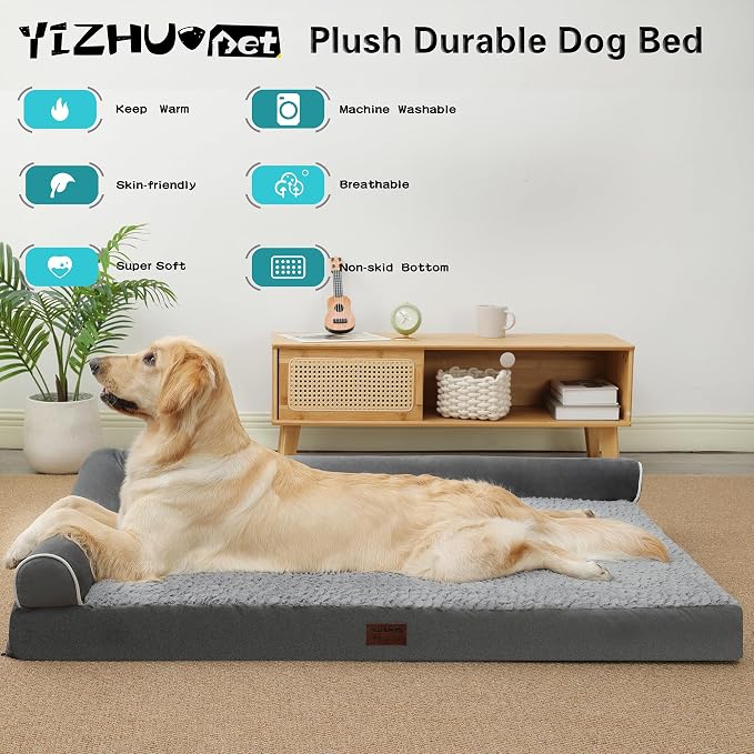 Orthopedic Plush L Shape Dog Bed,Jumbo XXL Large Sized Dog 50''X36''x7.5'' Soft Waterproof Egg Foam Pet Crate Beds Mat or Kennel Pads with Removable Washable Cover,Non-Slip Bottom,Grey