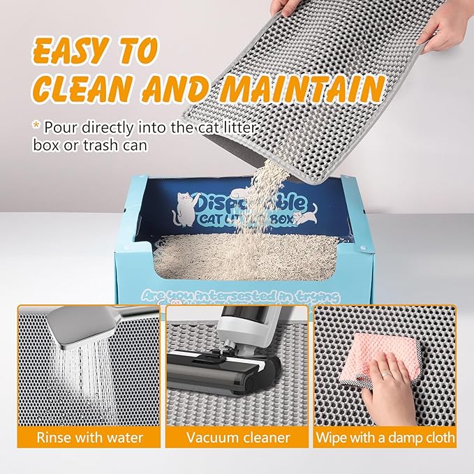 ondware Cat Litter Mat 30 x 24 in, Double Layer, Waterproof, Gray | Honeycomb EVA mat, traps litter, urine-proof non-slip backing, soft on paws, easy shake-off or rinse clean