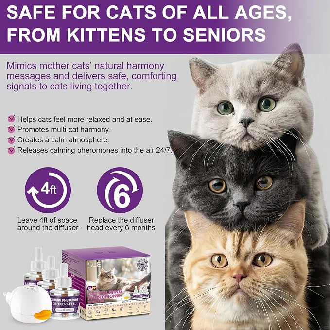 SLE Cat Pheromones Calming Diffuser: 1 Cat Calming Diffusers & 3 Refills, Relieve Anxiety Stress Reduce Spraying Fighting and Scratching Fits All Cats & Kittens