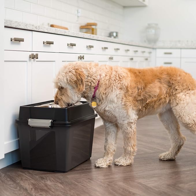 IRIS USA 2-in-1 Elevated Dog Bowls 6" H with Airtight Pet Food Storage Container Holds Up to 47 Lbs, Removable 4 Thick 16 oz Stainless Steel Bowls, at Home or Camping Pet Dish Bowl Set, Smoke/Black