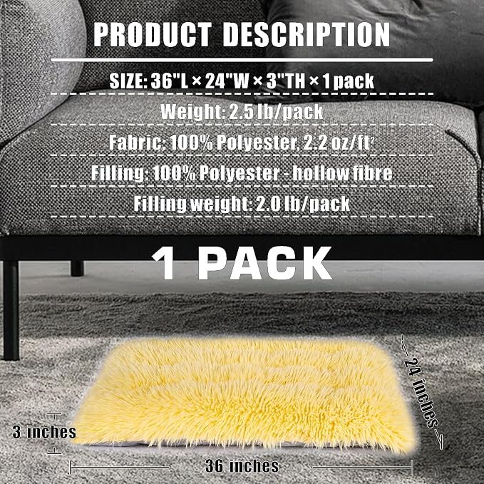 Machine Washable Dog Bed, Deluxe Plush Dog Crate Pad and Cat Bed, Anti-Slip Bottom Kennel Pad Mat, Fuzzy Pet Beds for Large, Medium, Small Dogs Breeds (Light Yellow, 36.0"L x 24.0"W x 3.0"Th x 1 Pack)