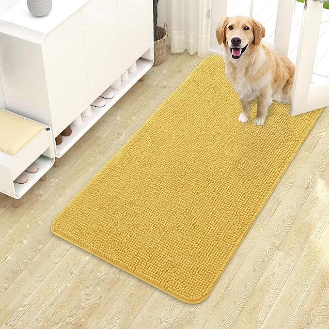 OLANLY Dog Door Mat for Muddy Paws 40x24, Super Absorbent Chenille Mud Mat | Yellow, Absorbs Moisture and Dirt, Non-Slip Machine Washable Doormat, Quick-Drying Indoor Entryway Floor Carpet for Dogs