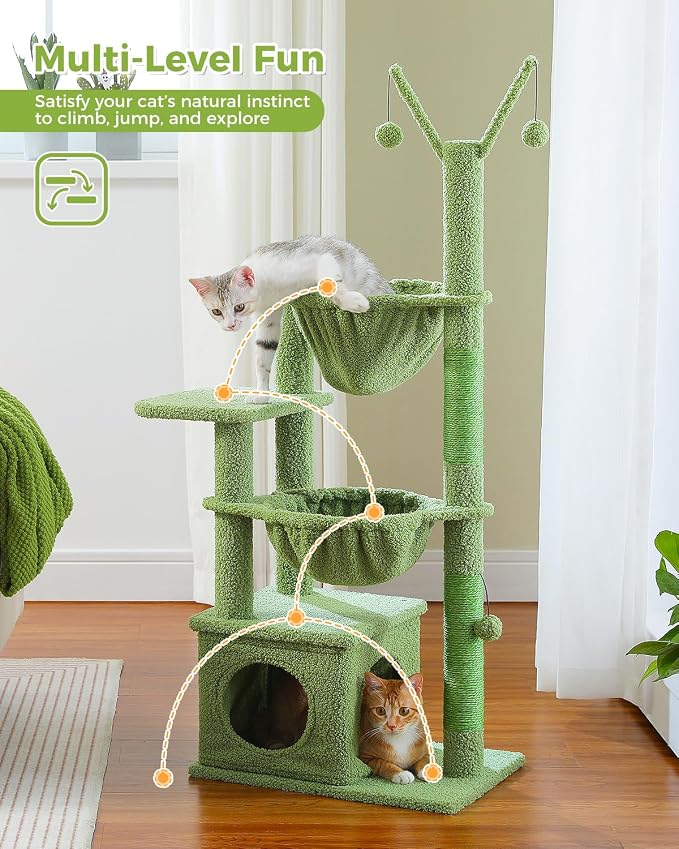 MUTTROS Cactus Cat Tree, 47.6" Cat Tower with 2 Metal Frame Hammock, Cat Scratching Post for Indoor Cats with 2 Removable Pompom Sticks for Kittens, Green