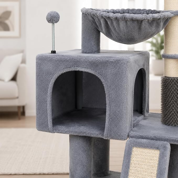 Smouatou Cat Tree with Cat Condo and Two Hammocks, Cat Tower with Scratching Posts and Scratching Pads Cat Toys, Grey