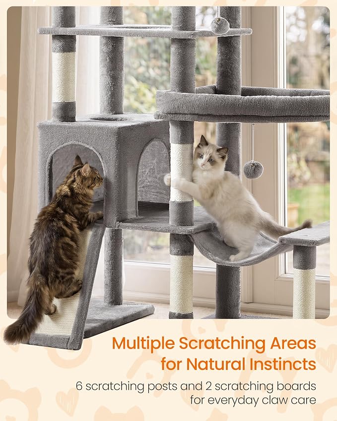 Feandrea Multi-Level Cat Tree for Large Cats, 79.5 inch Tall Cat Tower with 6 Resting Areas and Sisal Scratching Posts, 41.3 x 17.7 x 79.5 inch, Dove Gray Clawfy Collection UPCT020G101