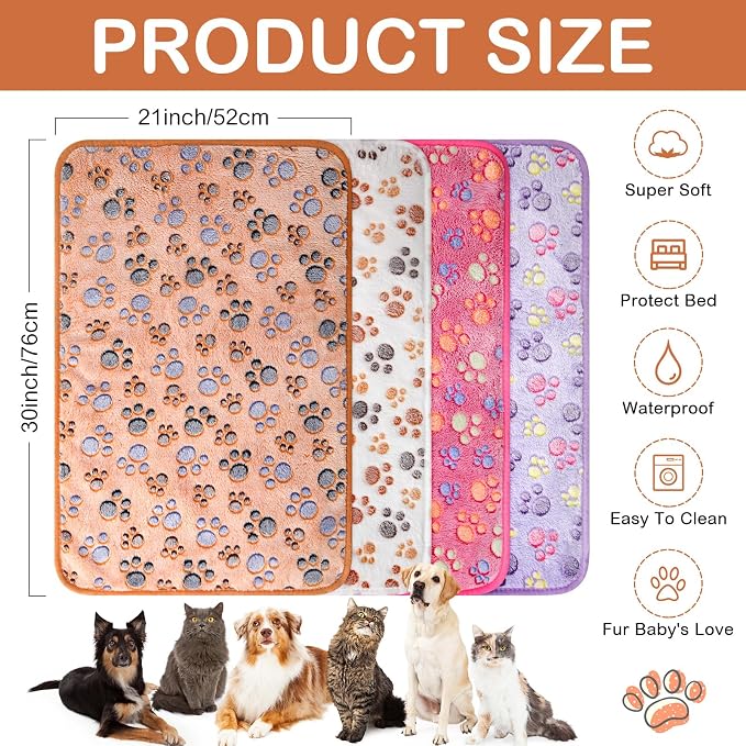 Panelee 30 x 21 Inch 4 Pcs Washable Dog Blankets Waterproof Cute Paw Print Fleece Blanket Reusable Puppy Blankets for Small Medium Pet Cat Whelping Warm Soft Mat Guinea Pig Cage Liners