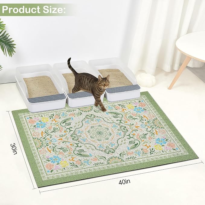 Glittme Cat Litter Mat with Non-Slip Bottom Litter Box Mat 40"X30" Litter Trapping Mat Easy to Clean Washable Cat Food Mat for Kitty,XL