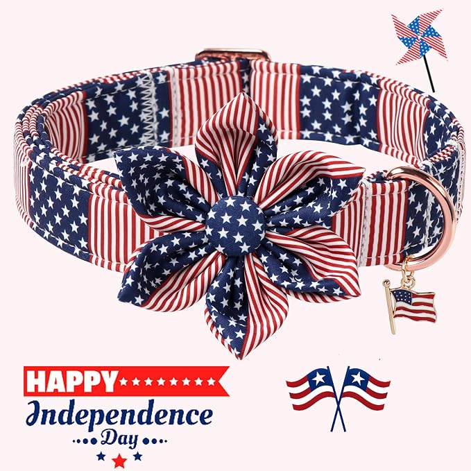 DOGWONG American Flag Dog Collar, 4 of July Dog Flower Heavy Duty Adjustable Patriotic Dog Collars with Bowtie for Small Dogs