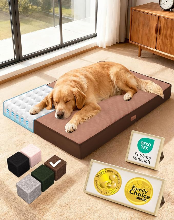 OhGeni Orthopedic Waterproof Dog Bed for Large Dogs, Machine-Washable Removable Cover in Easy-Clean Fabric, Reversible Memory Foam & Easy-Carry Handle, Suitable for Crate, 41 inch (Brown)