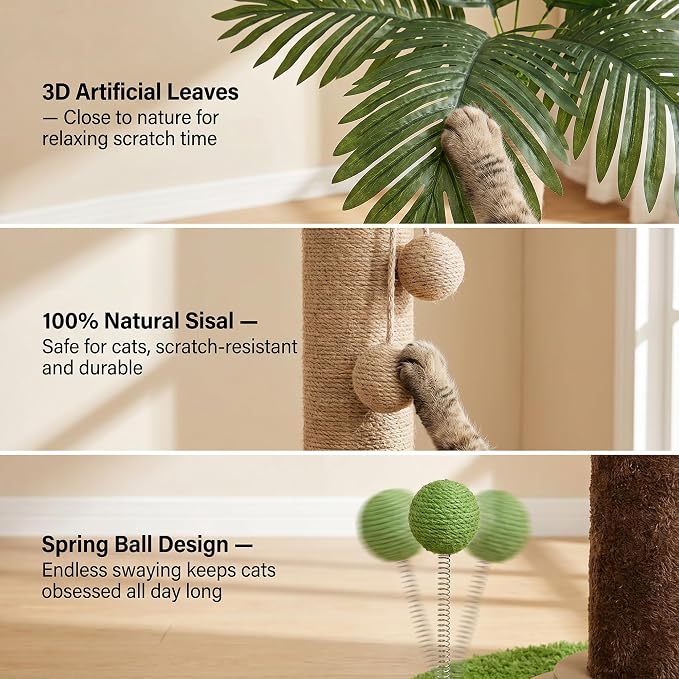 Cat Scratching Post, 35 Inch Tall Sisal Rope Cat Scratcher Tree, Scratching Posts for Indoor Cats Adults with Interactive Cat Toy, Mouse Hole & Ball Track for Kittens Adults Cats