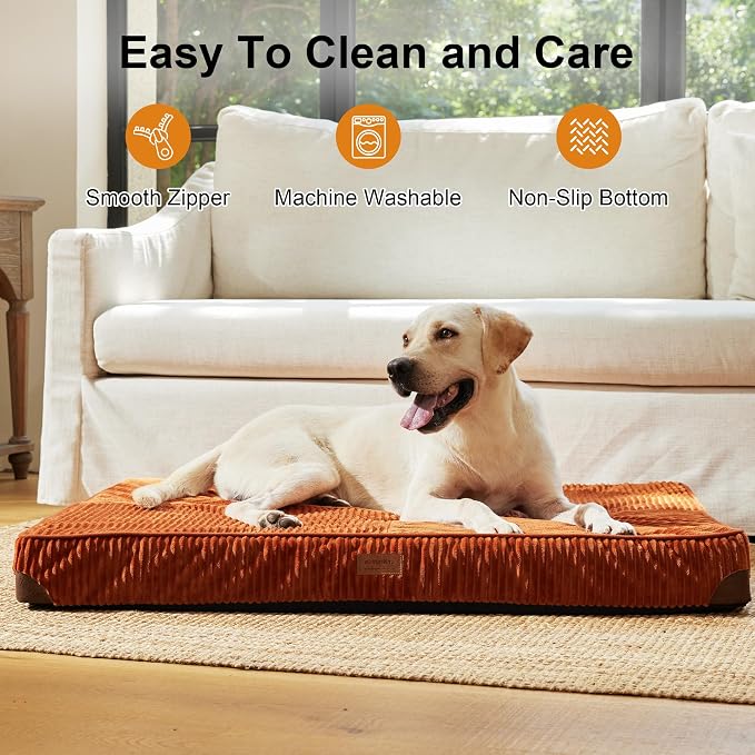 FUKUMARU Large Dog Bed, Thickened Waterproof Dog Mat with Washable Cover | Corduroy Orthopedic Dog Bed for Crate, 28D Egg Crate Foam Support Pet Mat, Cozy Flat Dog Pad with Anti-Slip Bottom