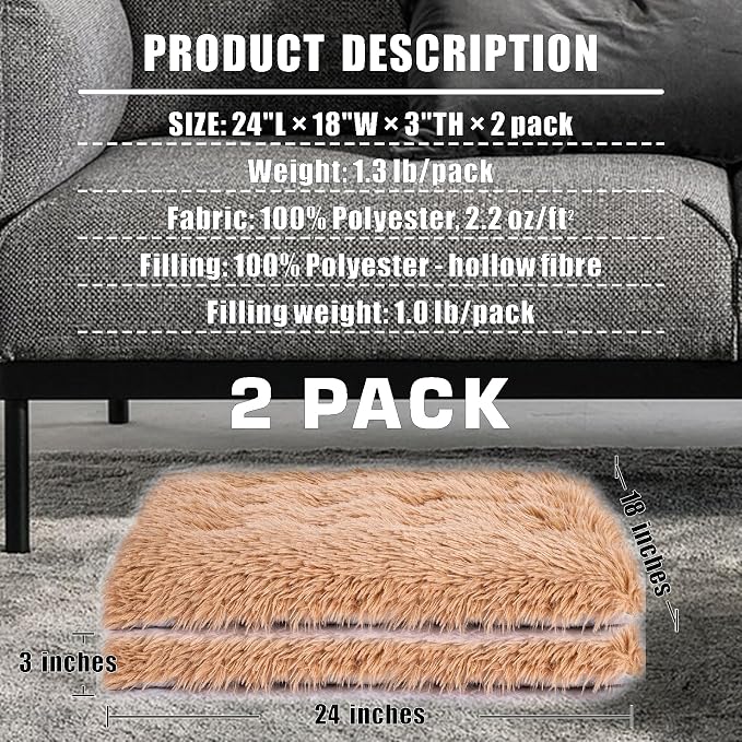 Machine Washable Dog Bed, Deluxe Plush Dog Crate Pad and Cat Bed, Anti-Slip Bottom Kennel Pad Mat, Fuzzy Pet Beds for Large, Medium, Small Dogs Breeds (Light Coffee, 24.0"L x 18.0"W x 3.0"Th x 2 PACK)