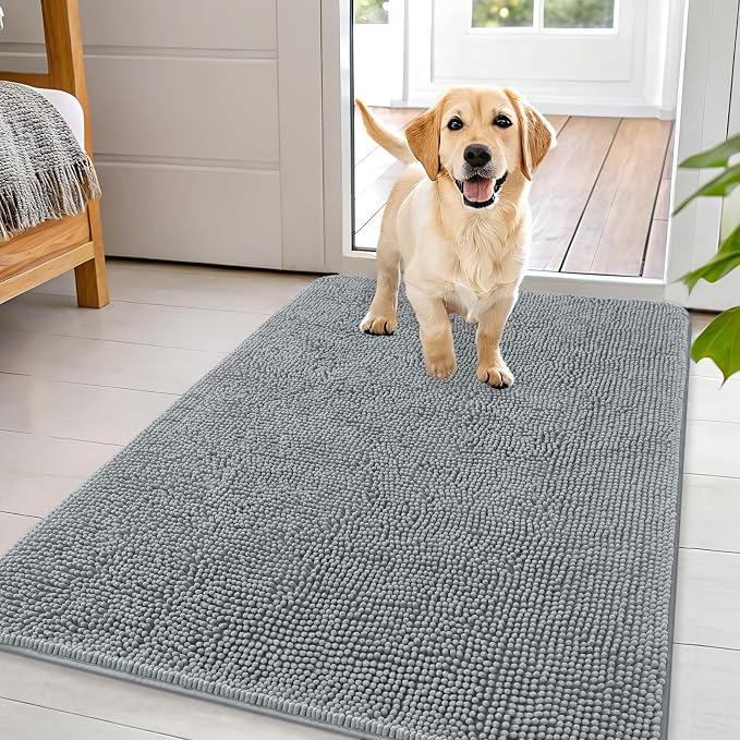 OLANLY Dog Door Mat for Muddy Paws 44x32, Super Absorbent Chenille Mud Mat | Grey, Absorbs Moisture and Dirt, Non-Slip Machine Washable Doormat, Quick-Drying Indoor Entryway Floor Carpet for Dogs
