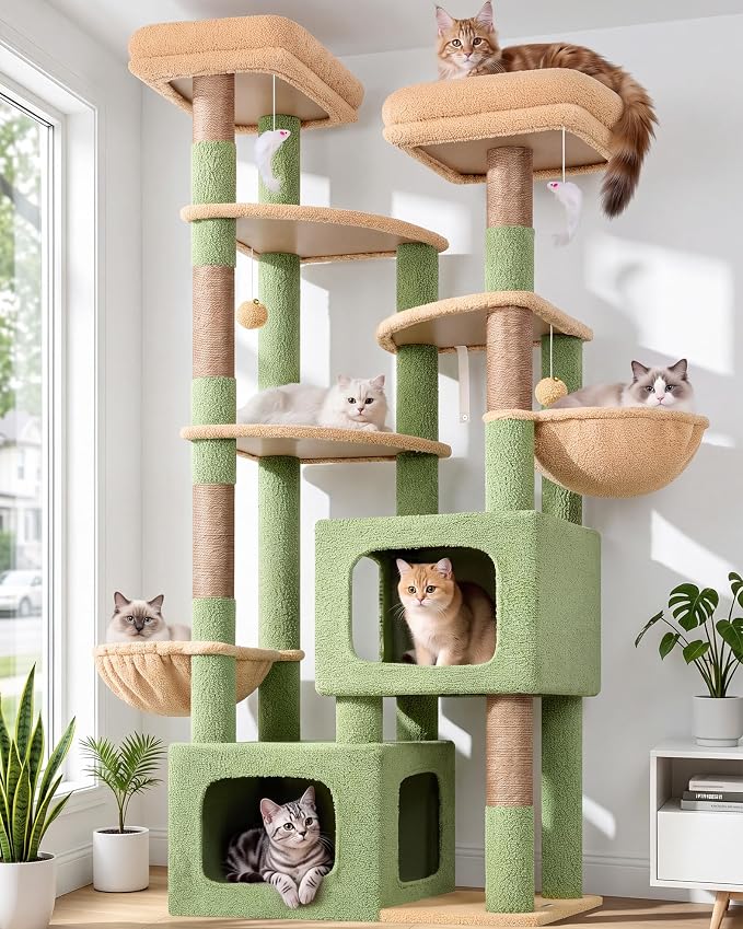 Globlazer S74E Pro Cactus Heavy Duty Maine Coon Cat Tree for Large Cats | 74in Sturdy Multi-Level Tall Cat Tree Tower for Indoor Adult Cats with Scratching Posts, 2 Cat Condos, 2 Top Perches