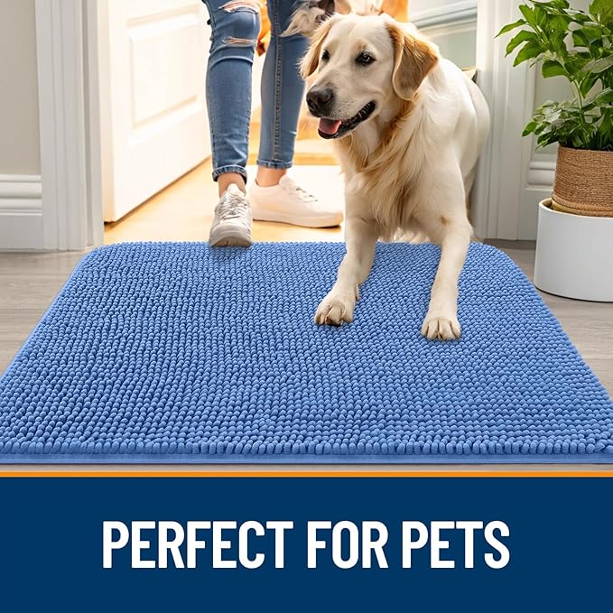 OLANLY Dog Door Mat for Muddy Paws 45x27, Super Absorbent Chenille Mud Mat | Cornflower Blue, Absorbs Moisture and Dirt, Non-Slip Machine Washable Doormat, Quick-Drying Indoor Entryway Carpet for Dogs