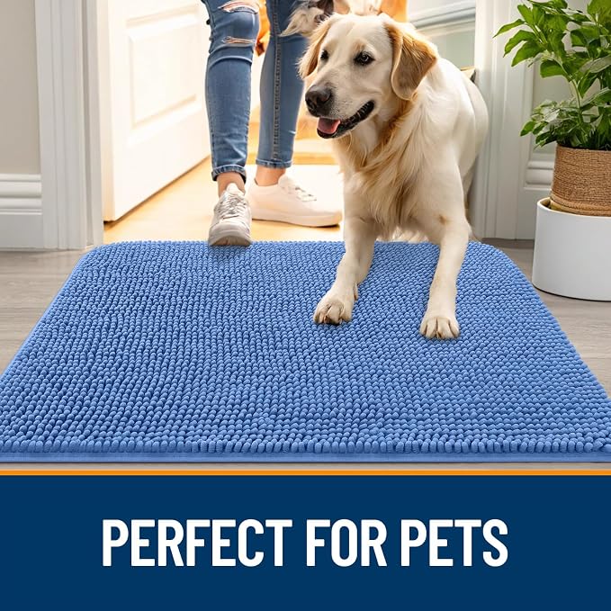OLANLY Dog Door Mat for Muddy Paws 47x24, Super Absorbent Chenille Mud Mat | Cornflower Blue, Absorbs Moisture and Dirt, Non-Slip Machine Washable Doormat, Quick-Drying Indoor Entryway Carpet for Dogs