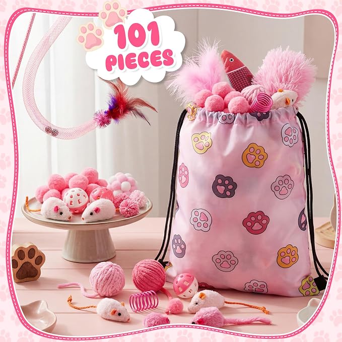 Leitee 101 Pcs Cat Interactive Toys Set with 1 Cat Paw Gift Storage Bags Feather Teaser Wand Springs Mice Fish Crinkle Balls Bell Balls Pillow, Puzzle Toys for Cats Gift Indoor (Pink)