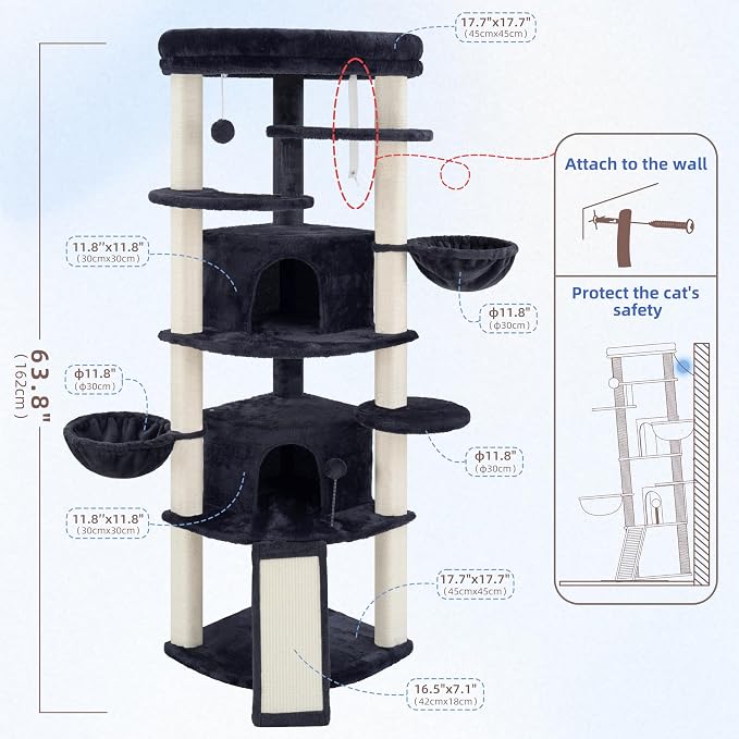 Corner Cat Tree, All Sisal Multi-Cat Scratching Posts GCT035G | 63.8" Cat Tower for Indoor Cats with Cat Condo, 2 Large Cat Caves, Big Top Perch, 2 Hanging Baskets & Sisal Ramp, Drak Gray