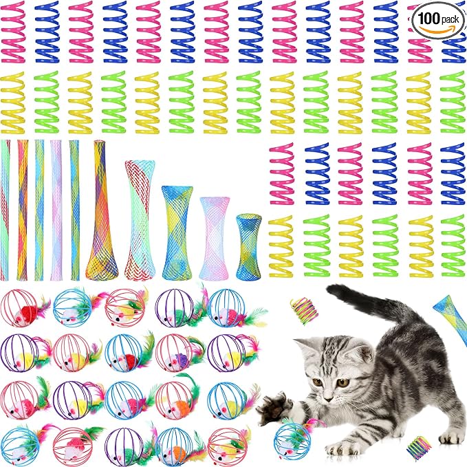 100 Pcs Cat Springs Toys Pack for Indoor Kitten Colorful Cat Supplies Include Interactive Plastic Spring Metal Cage Balls Rolling Mesh Tubes for Kitten Stray Cats to Play Hunt