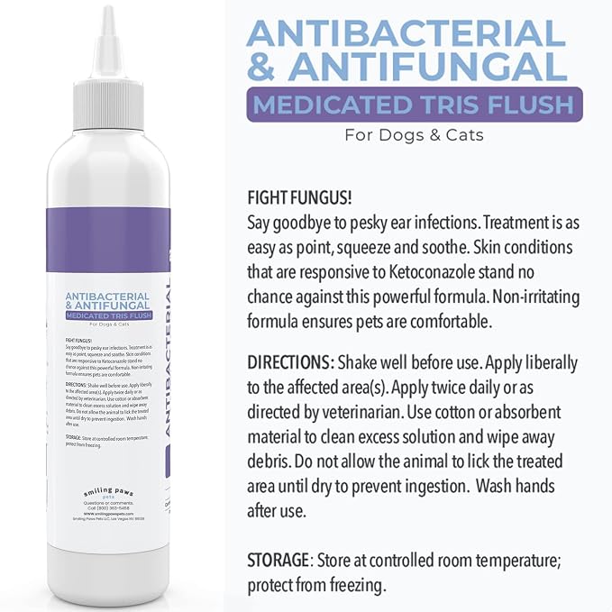 Smiling Paws Medicated Tris Flush Ear Cleaner for Dogs & Cats, 12oz | Contains Ketoconazole, Treats Itching, Odor Treatment, Ear Medication