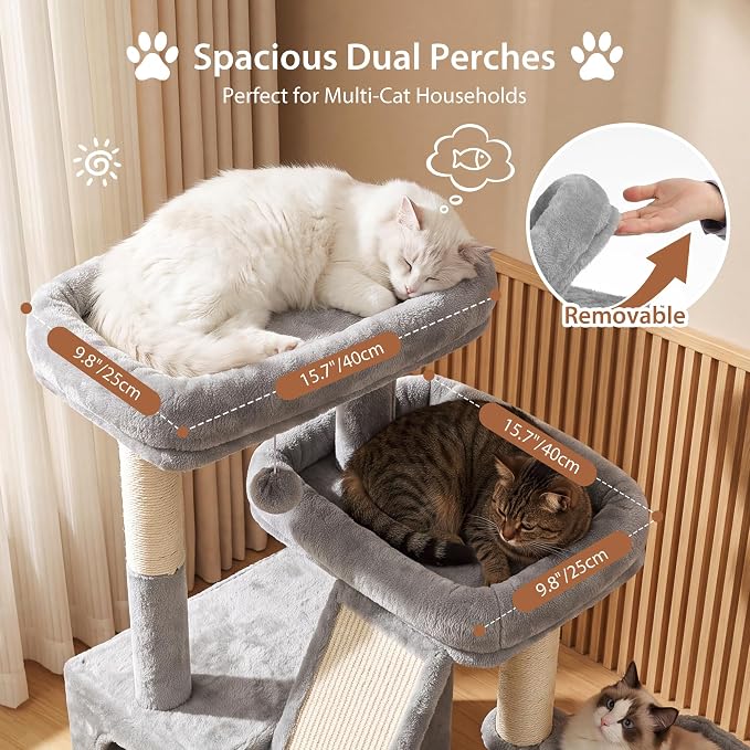 Heybly Compact Cat Tree with Big Scratcher, Stable Cat Tower HCT206SW | 27.2" Cat Furniture with 2 Top Perches, Floor Cat Condo, Cozy Hammock, Space-Saving Cat Activity Center, Light Gray