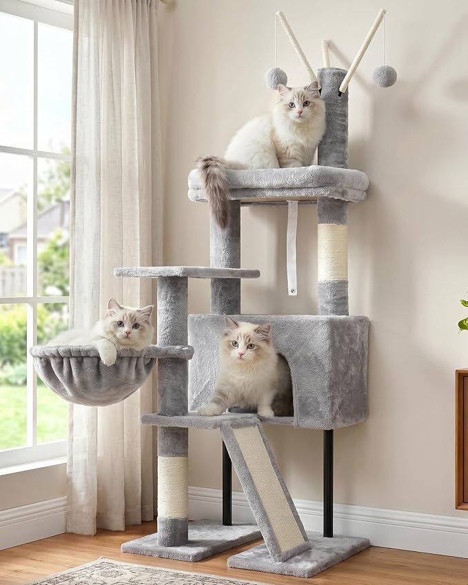 Cat Tree Tower for Indoor Cats, Top Platform with Toy, GCT006SW | 49.2 inch Cat Condo House, Sturdy Base, Scratching Post & Board, 3 Balls, Hanging Basket, Small Cats and Kittens, Light Gray