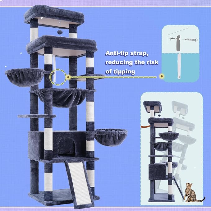 Hey-brother Cat Tree Tower with Extra Large Platform and Basket, MPJ080G | 71.7 Inches Scratching Posts with Specious Condo, 2 Cozy Hammocks, Scratch Board for Indoor Adult Cats, Maine Coon Smoky Gray