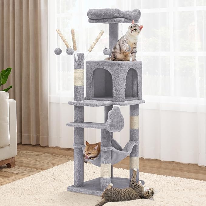 YITAHOME 44in Cat Tree Tower Indoor | Multi-Level Cat Condo with Scratching Posts, Cat Window Padded Plush Perch, Cozy Hammock, Funny Pompoms, Light Gray