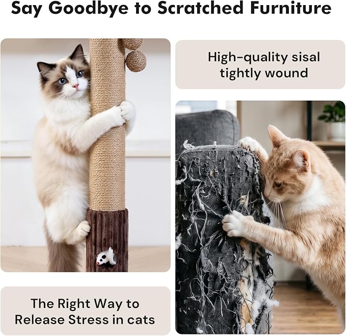 WOOCHPET Cat Scratching Post for Indoor Cats 35" Tall, Sisal Cat Scratcher with Mouse Toy and Track Balls, Wooden Base (Brown)
