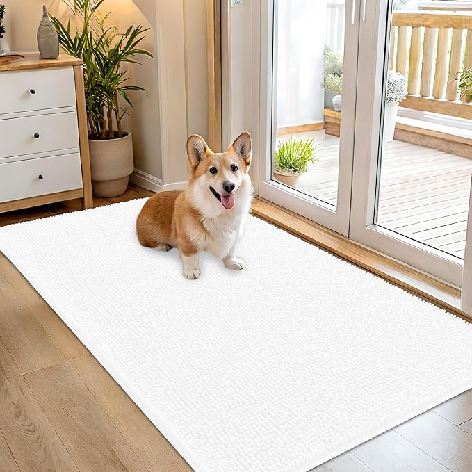 OLANLY Dog Door Mat for Muddy Paws 54x32, Super Absorbent Chenille Mud Mat | White, Absorbs Moisture and Dirt, Non-Slip Machine Washable Doormat, Quick-Drying Indoor Entryway Floor Carpet for Dogs