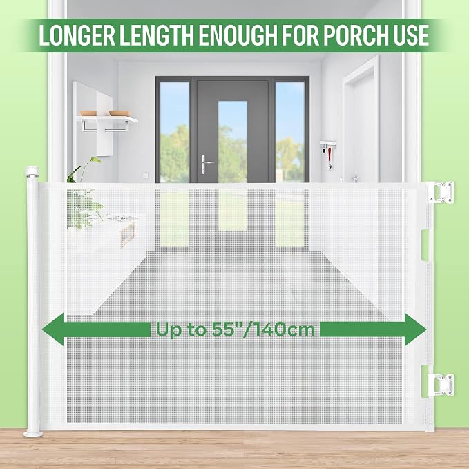 Retractable Baby Gate for Stairs & Doorways, 33" Tall Extends to 55" Wide | Extra Wide Safety Kid Pet Gate, Mesh Dog Gate for Indoor, Outdoor, Hallways One-Handed Operation, Easy Install(33”x55”-White)