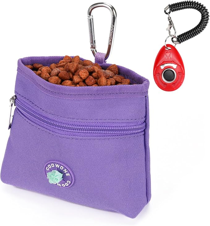 Dog Treat Pouch with Pet Training Clicker, Detachable Dog Puppy Training Treat Bag, 900D Oxford Cloth Magnetic Closure Small Dog Walking Bag for Travel or Outdoor Use (Purple)